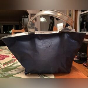 Carpisa Navy Blue Tote Bag with Silver Handles NWOT